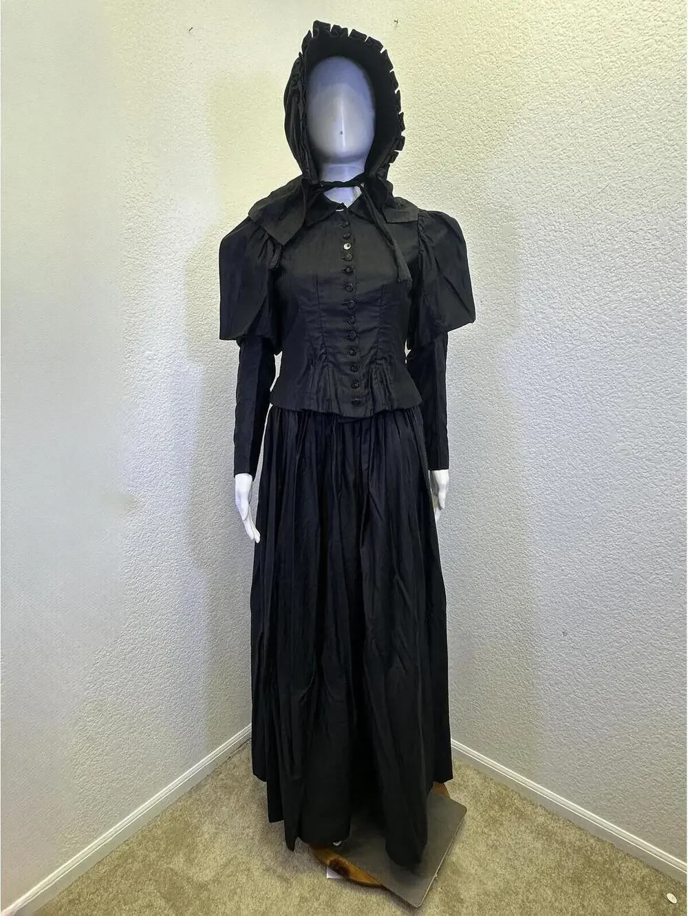 VTG 1890s Black Silk Mourning Victorian Gothic Bodice Skirt Bonnet